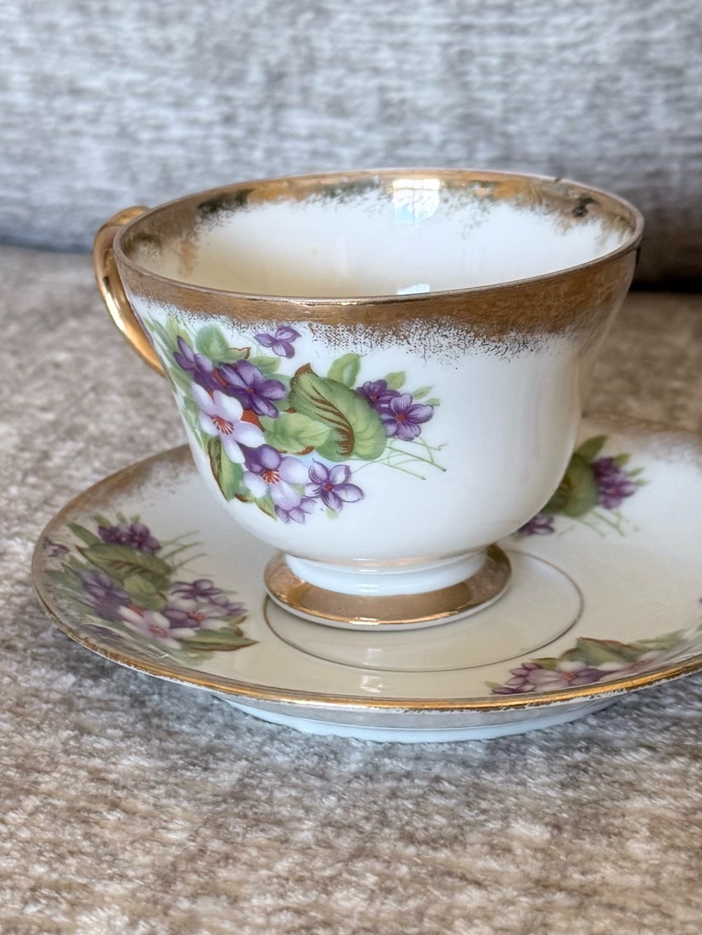 Vintage Gold Trim Purple Floral Teacup and Saucer
